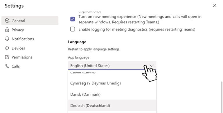 microsoft teams new change language